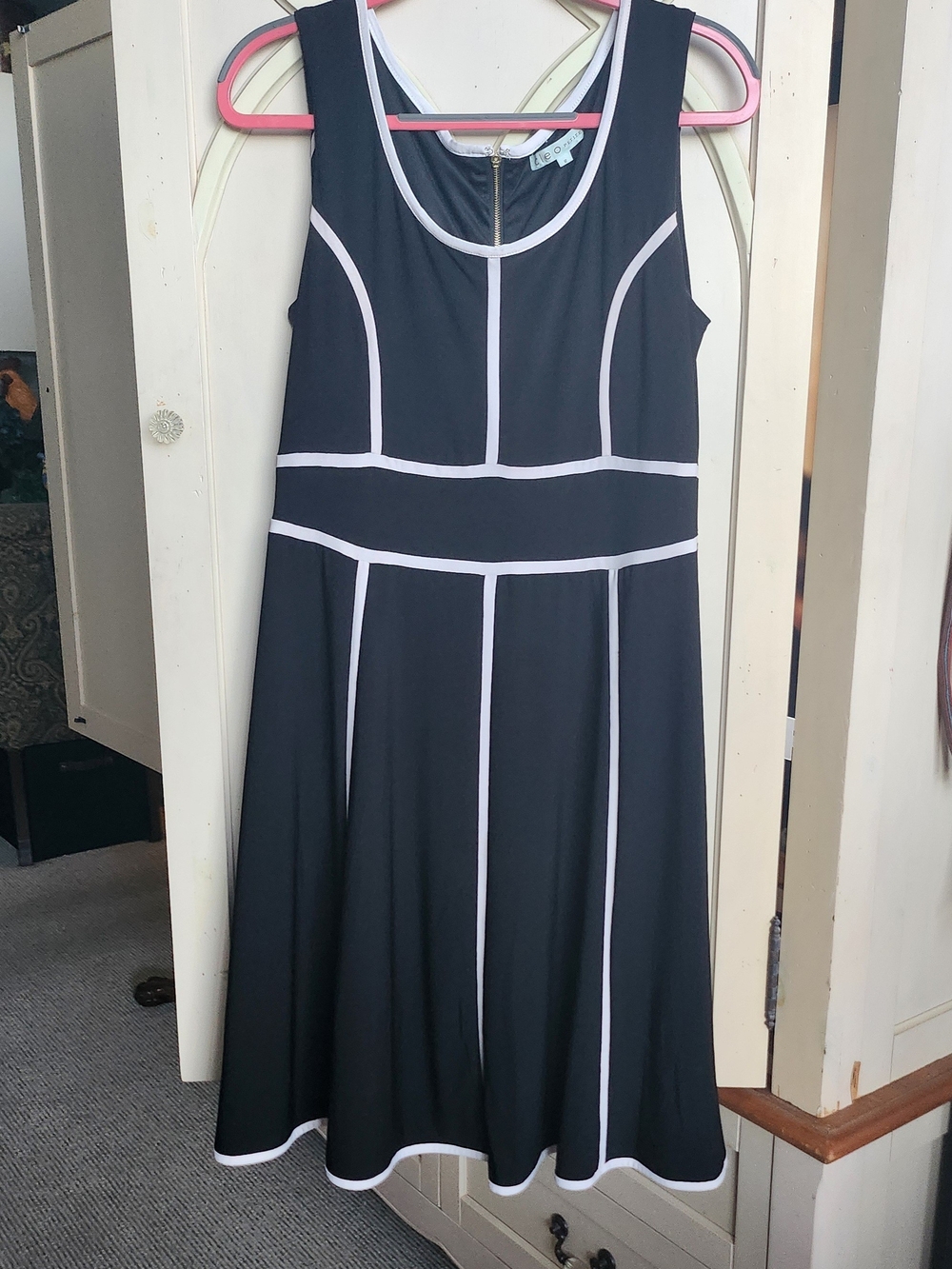 cleo Black Sleeveless Midi Dress with White Trim. NWOT